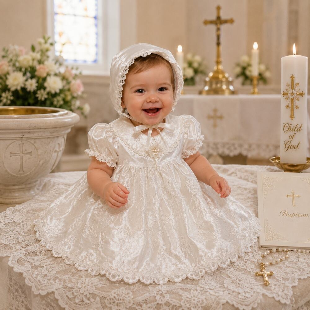 White Christening/Baptism Dress & Bonnet Set 12M - New